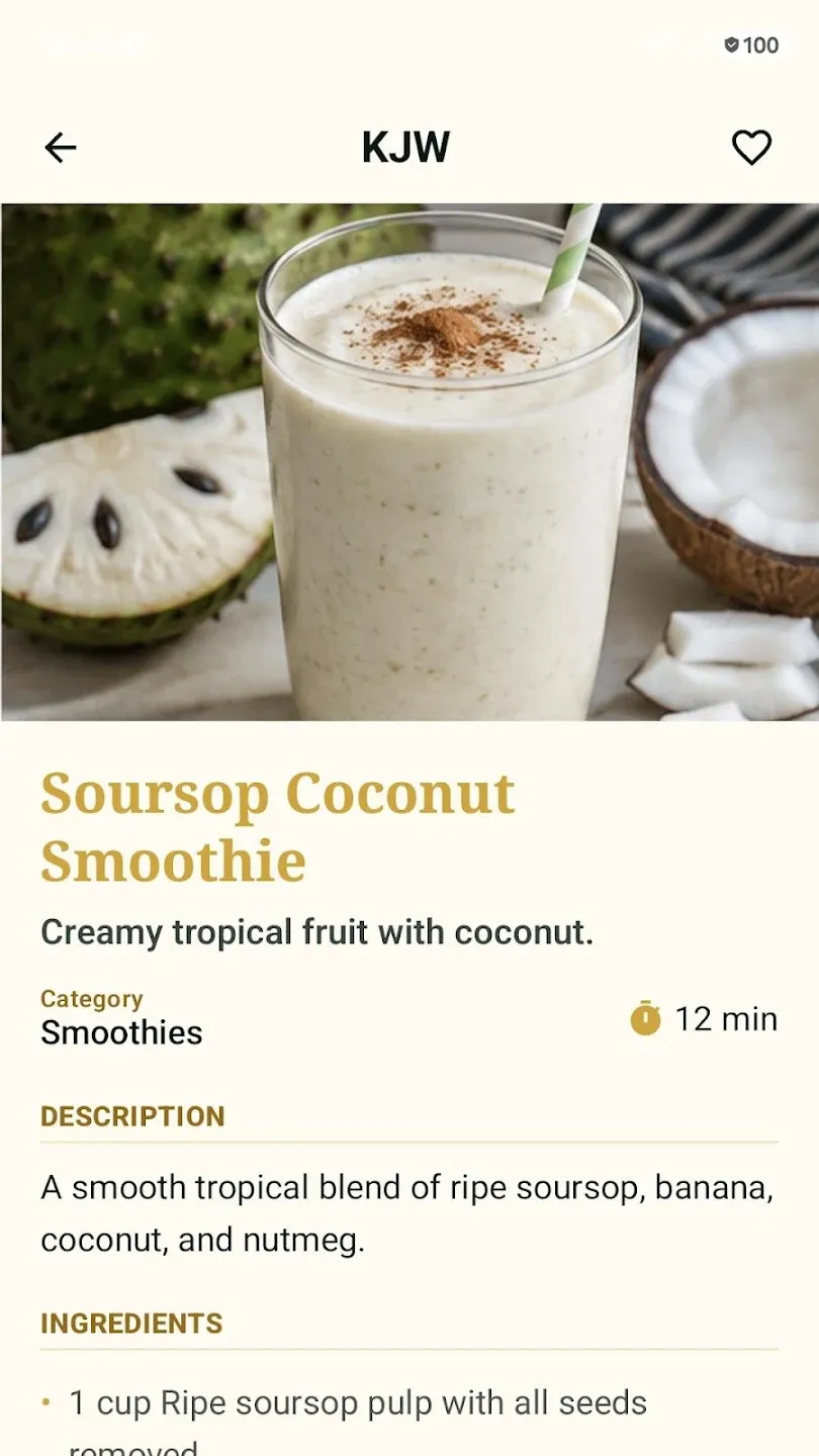 KJW recipe detail: Soursop Coconut Smoothie with ingredients