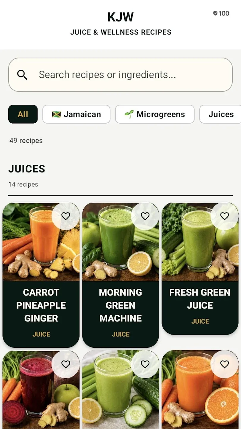 KJW recipe browser with Jamaican, Microgreens, and Juices categories