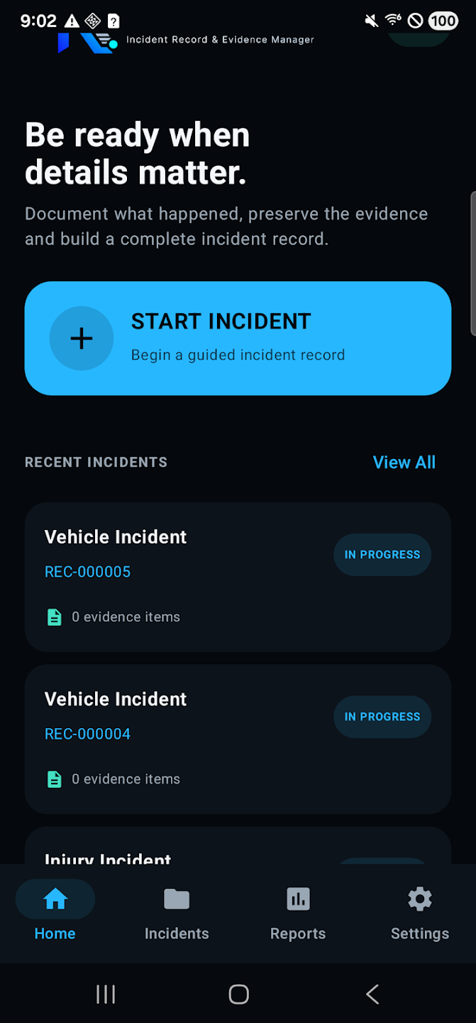 RECORDYN home screen with Start Incident button