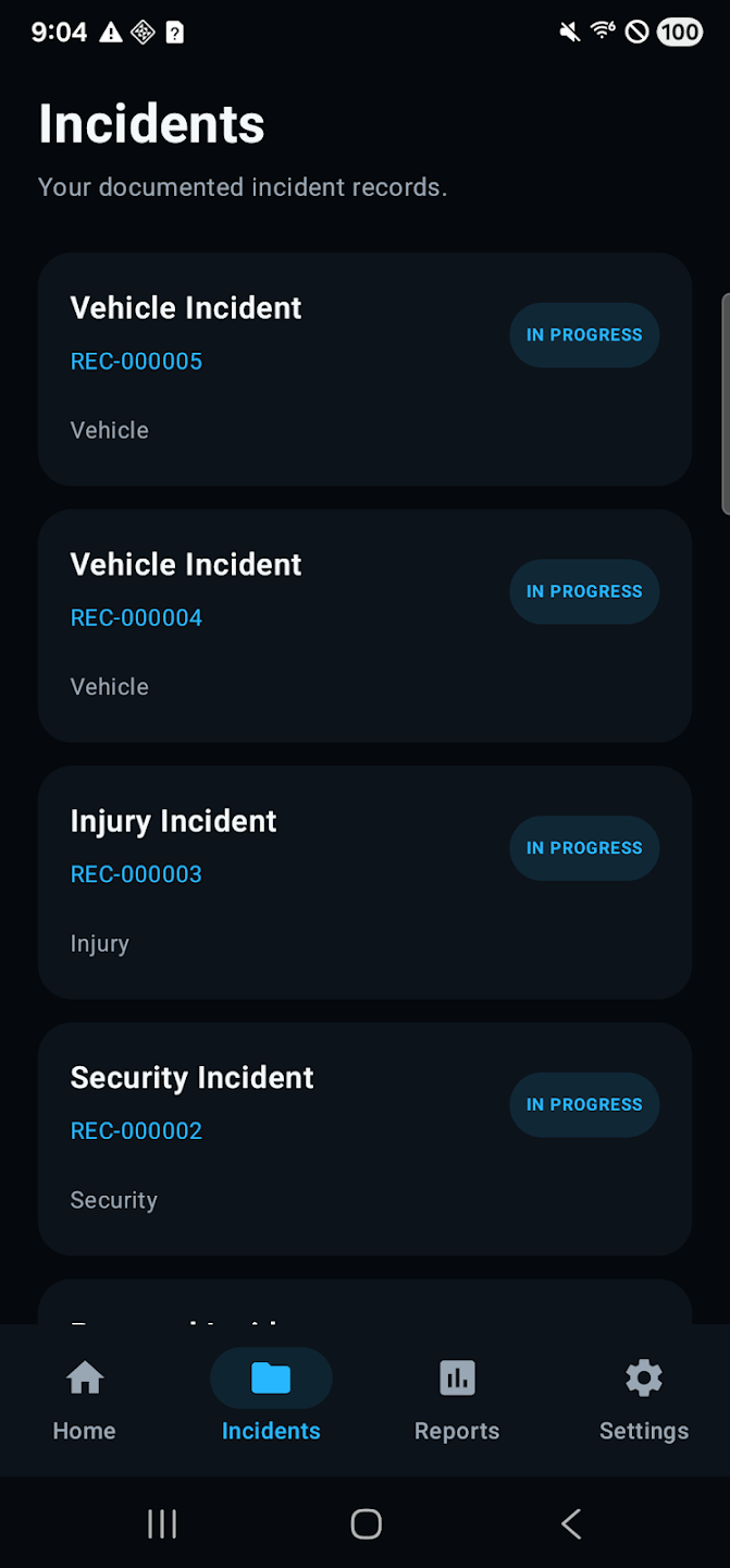 Incidents list with record IDs and statuses