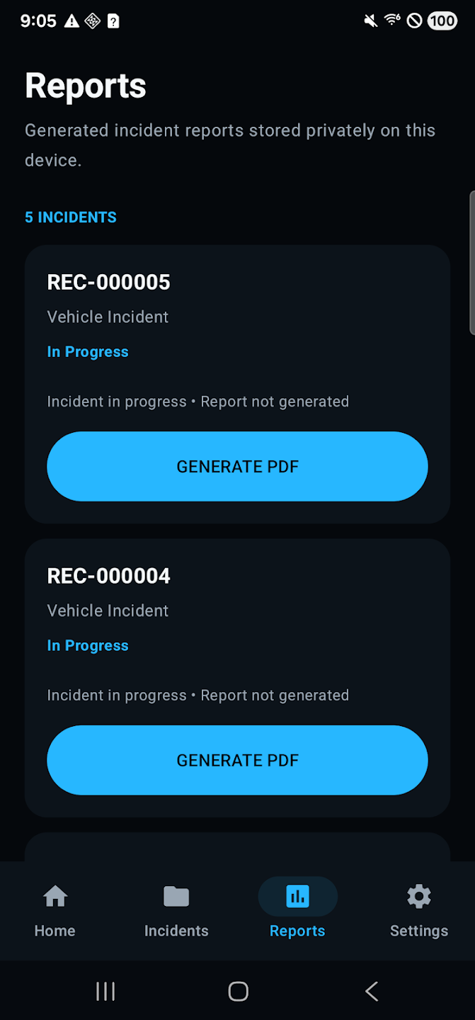 Reports screen with Generate PDF buttons