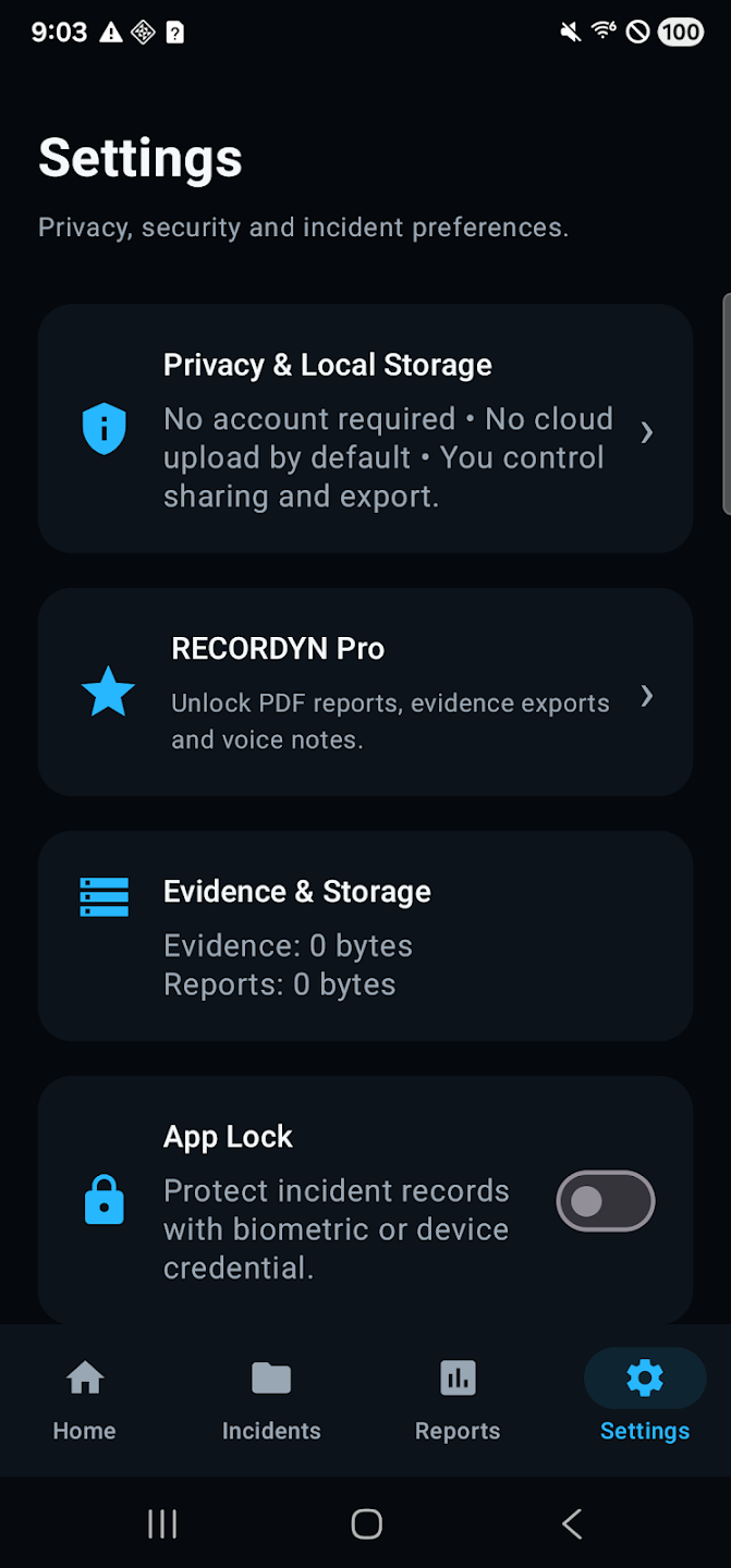 Settings: Pro unlock, evidence storage, app lock