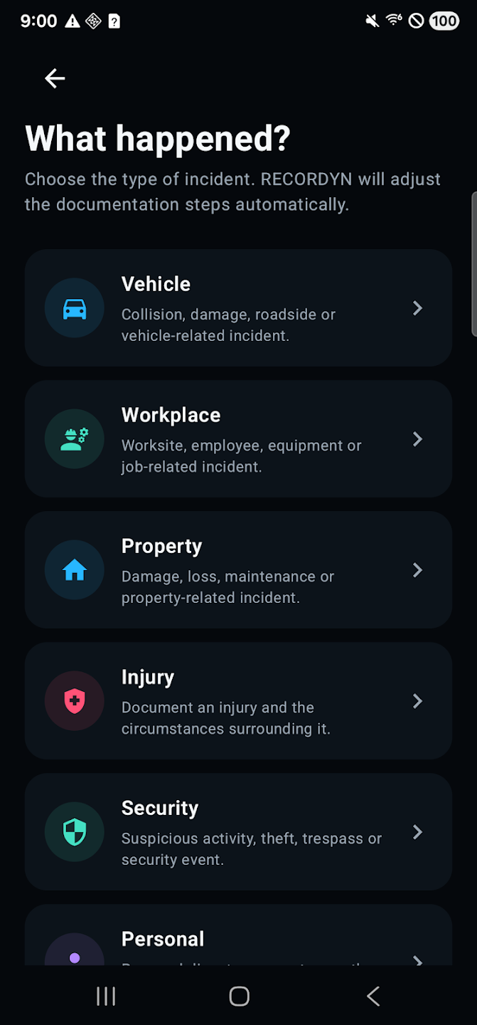 Incident type picker: Vehicle, Workplace, Property, Injury, Security, Personal