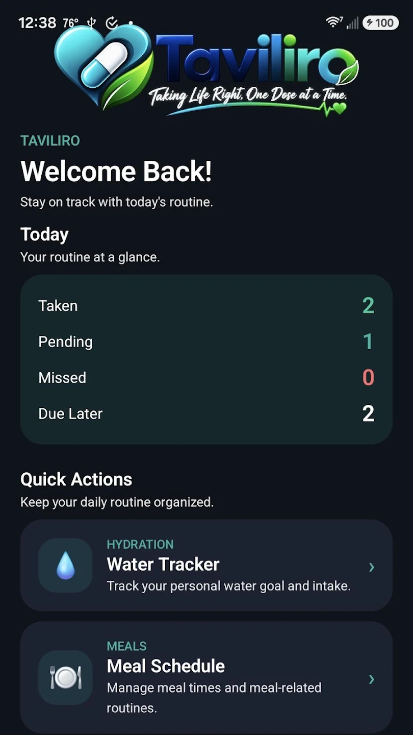 Taviliro home screen showing today's routine at a glance