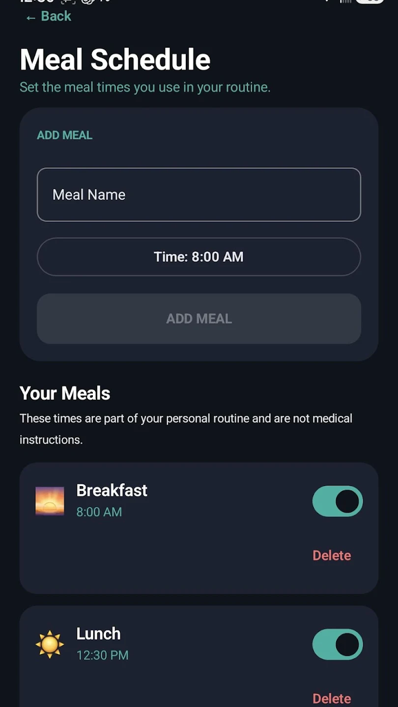Taviliro meal schedule screen